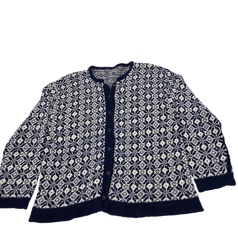 Preppy Handmade Cardigan Sweater WM XL Navy/Cream Fair Isle Geo Knit CottageCore